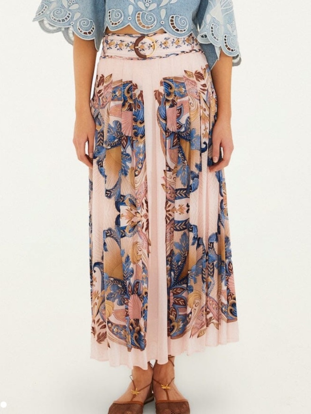 NWT Farm Rio Soft Pink Sea Garden Scarf Pleated Maxi Skirt Size Small